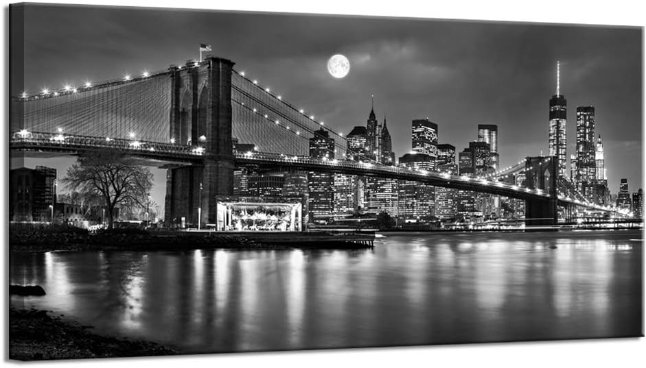 LevvArts - Black and White New York Picture Brooklyn Bridge Canvas Wall Art Full Moon Night