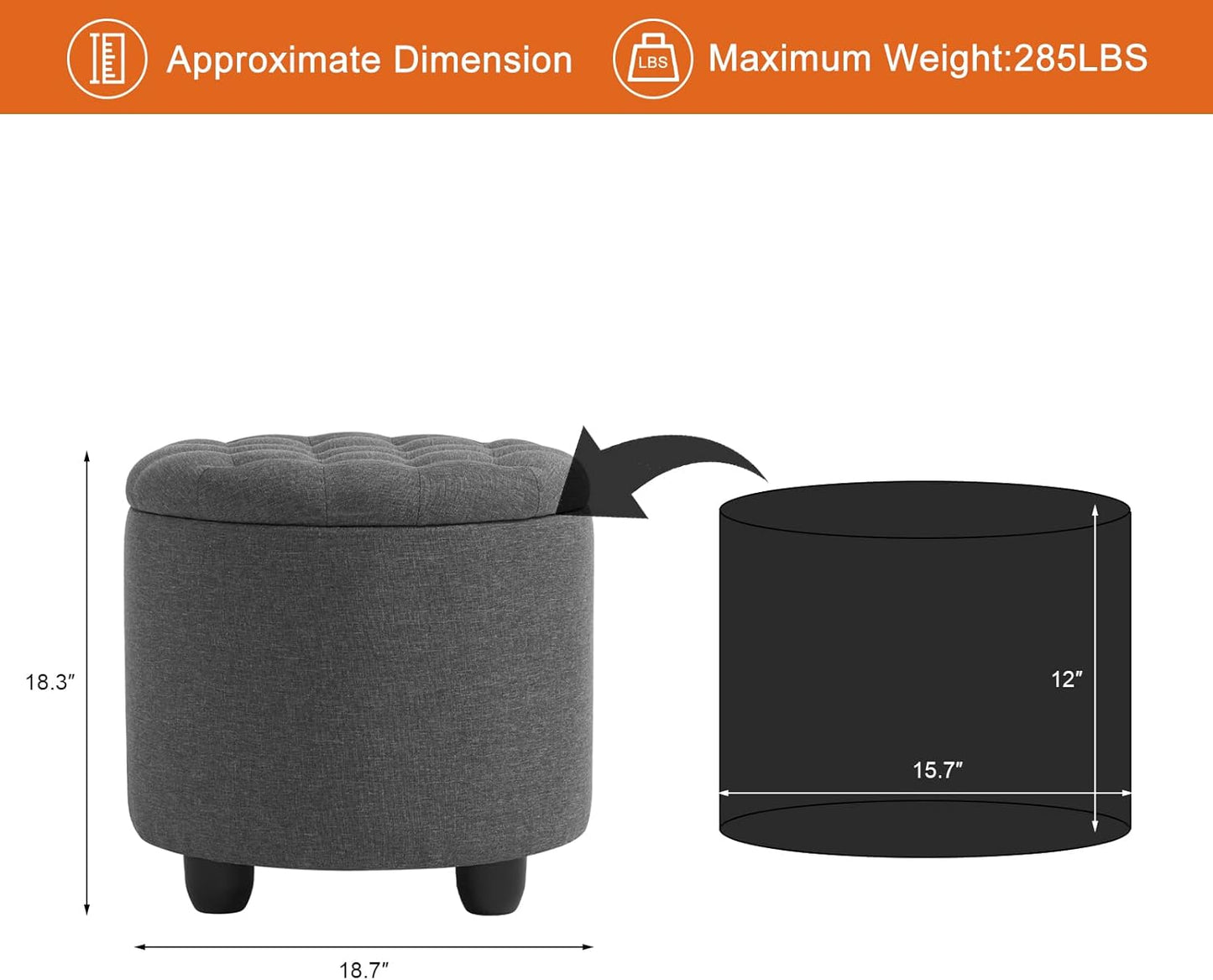 Furniliving 18.7inch Storage Round Ottoman, Footstools with Hidden Storage with Removable Lid