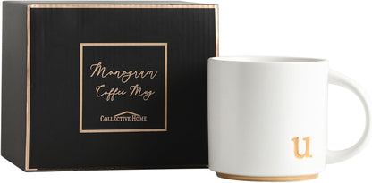 COLLECTIVE HOME - Monogram Ceramic Mugs, 15 oz Golden Initial Coffee Cups, Elegant Alphabet Tea