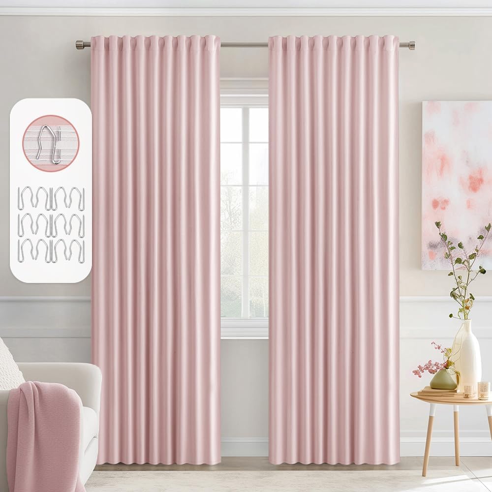 MIULEE Baby Pink Back Tab Blackout Curtains 90 Inch Long 2 Panels Set for Living Room Bedroom