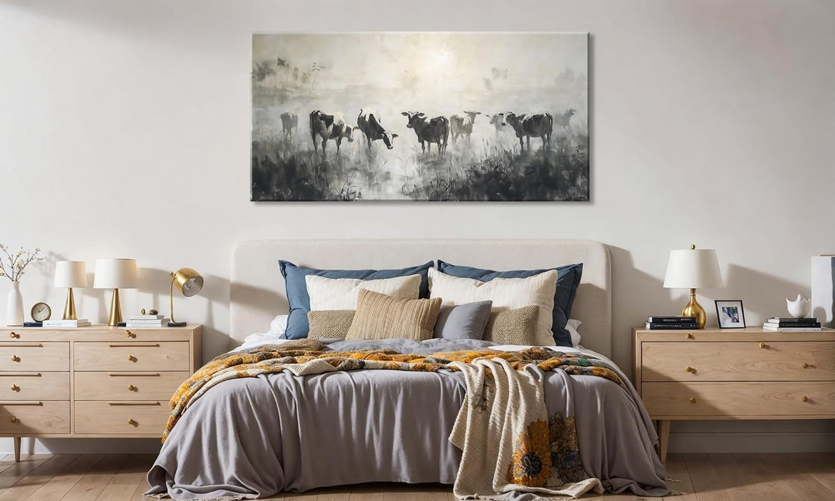 LASMOND Black and White Cow Wall Art for Living Room Ink Wash Canvas Painting Prints Morning Cattle