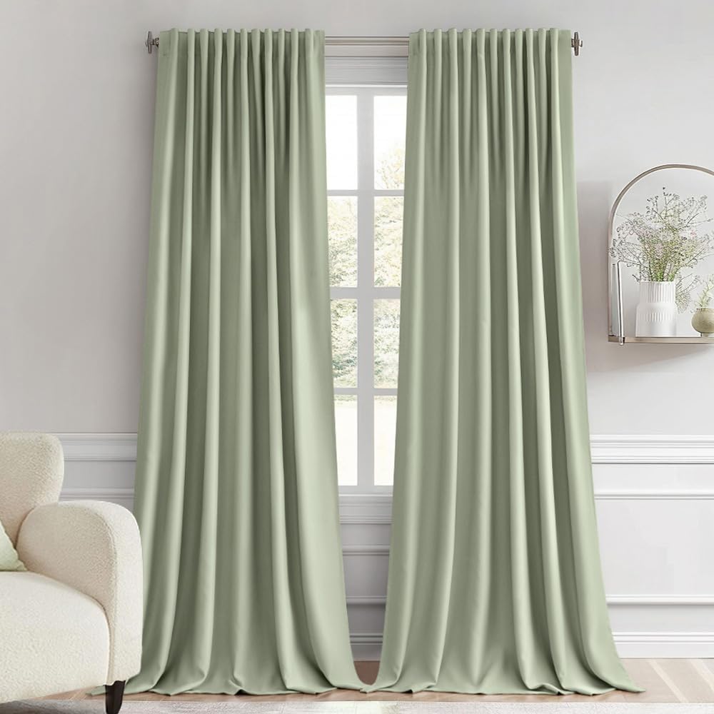 MIULEE Sage Green Back Tab Blackout Curtains 96 Inch Length 2 Panels Set for Living Room Bedroom