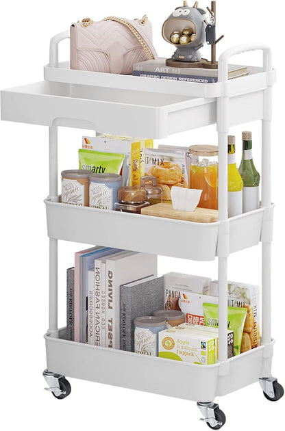 Calmootey 3-Tier Rolling Utility Cart with Drawer,Multifunctional Storage Organizer with Plastic