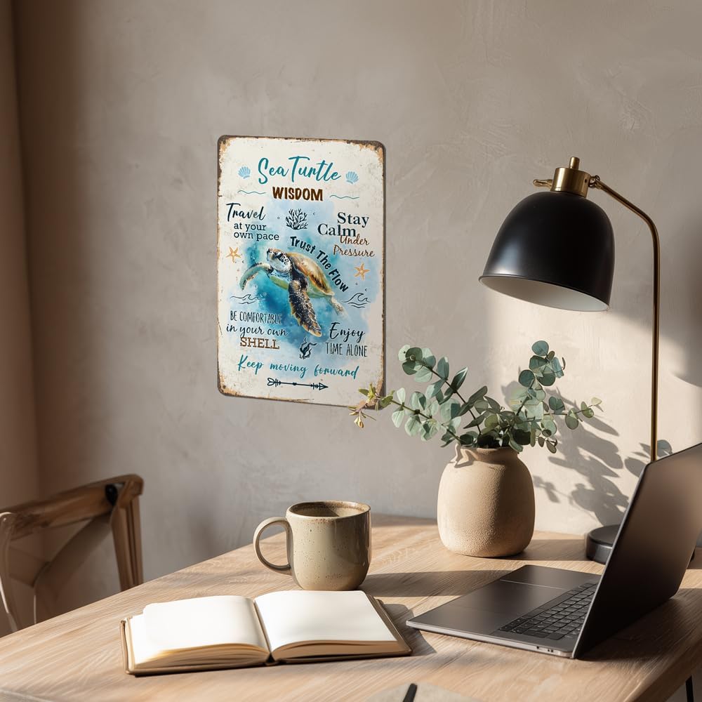 Heuhuww Retro Sea Turtle Wisdom Metal Sign for Home Office Room-Inspirational Beach Decor-Sea