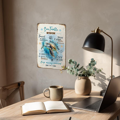 Heuhuww Retro Sea Turtle Wisdom Metal Sign for Home Office Room-Inspirational Beach Decor-Sea