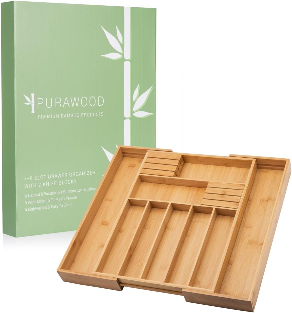 Bamboo Drawer Organizer with Knife Blocks - Silverware Organizer & Utensil Drawer Organizer