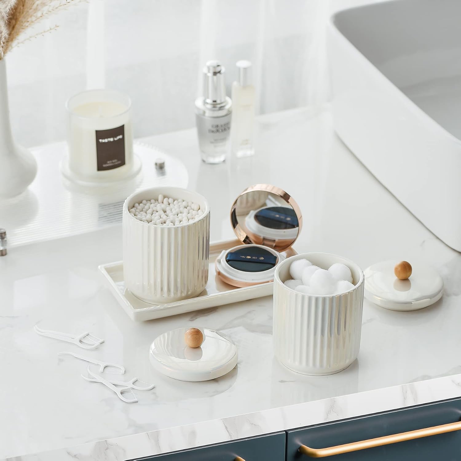 Ceramic Bathroom Canister Set with Coordinating Small Vanity Tray Qtip Holder Dispenser for Cotton