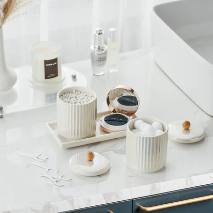 Ceramic Bathroom Canister Set with Coordinating Small Vanity Tray Qtip Holder Dispenser for Cotton