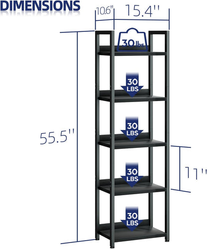 NUMENN Narrow Bookshelf, 5 Tier Bookshelves, Home Office Bookcase Shelf Storage Organizer, Free