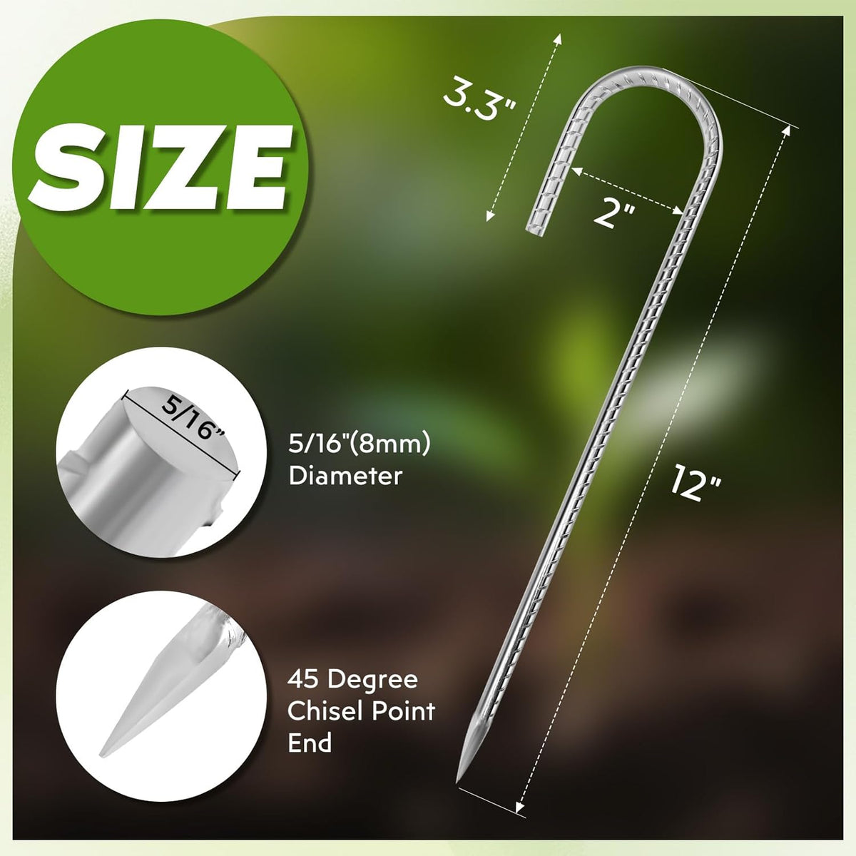 12 inches Tent Stakes Heavy Duty 34-Pack, 5/16" Diameter J Hook Fence Stakes Rebar Ground Stake for