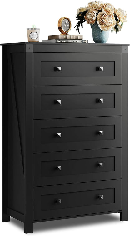 WLIVE Farmhouse 5 Drawer Dresser for Bedroom, Wood Dresser Storage Organizer, Tall Black Dressers