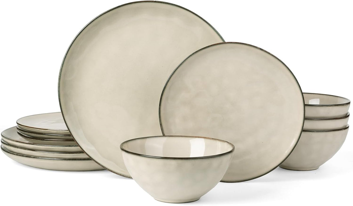 Famiware Dinnerware Sets for 4, Ocean Round 12-Piece Kitchen Plates and Bowls Sets, Microwave and