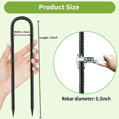 Rebar-Stakes-12-Inch, Ground Stakes Heavy Duty U-Hook Black Coated Anti-Rust Heavy Duty Ground