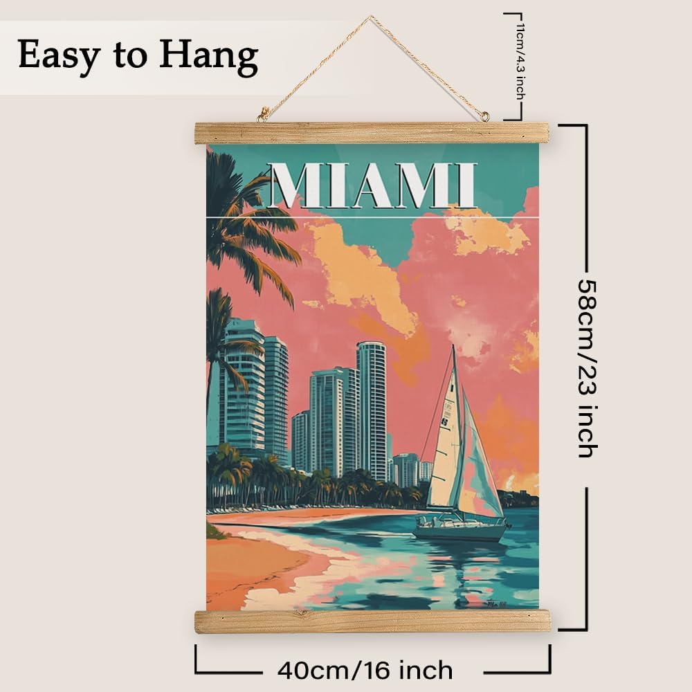 WREVERW Vintage Miami Poster Canvas Print with Wooden Hanger Frame, Featuring Palm Trees, High-Rise