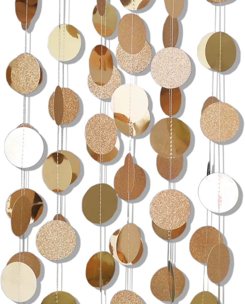 6 Pcs Glitter Champagne Gold Paper Circle Dots Garland (52 Feet) Party Hanging Bunting Birthday