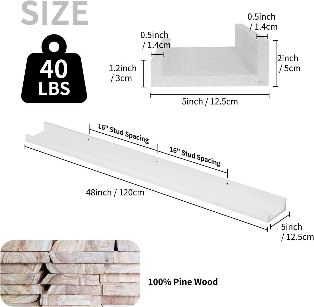 SAUMONIERES Picture Ledge Shelf Floating Book Shelves Set of 2 Wall Mounted Solid Wood for Bedroom