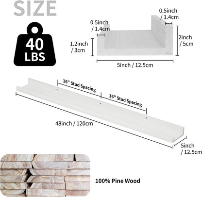 SAUMONIERES Picture Ledge Shelf Floating Book Shelves Set of 2 Wall Mounted Solid Wood for Bedroom
