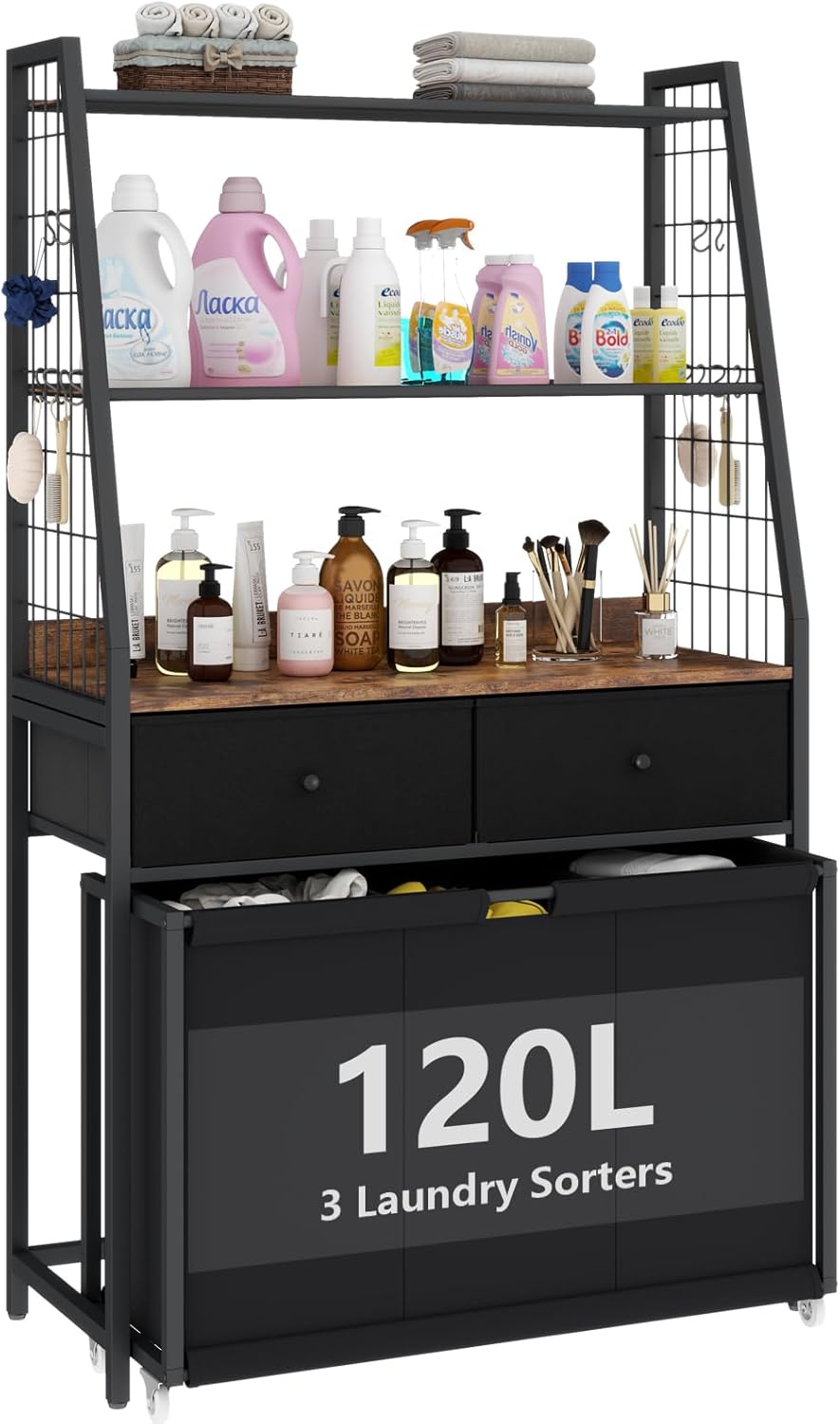 Laundry Hamper Laundry Basket with 3 Section Pull-Out Rolling Bags & 2-Tier Storage Shelf, Laundry