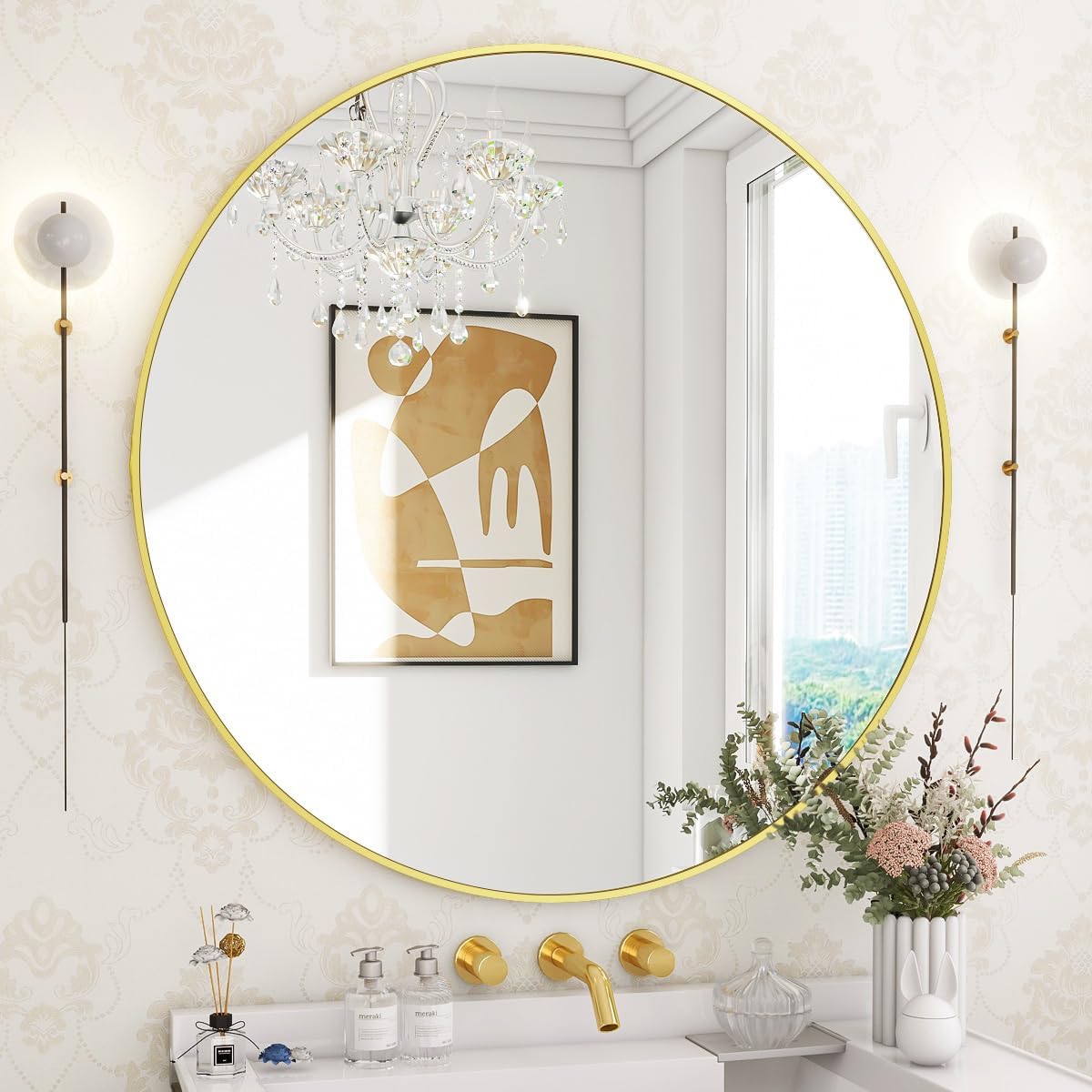 BEAUTYPEAK 30 Inch Round Mirror, Metal Frame Circle Mirror, Wall Mounted for Entryway, Bathroom