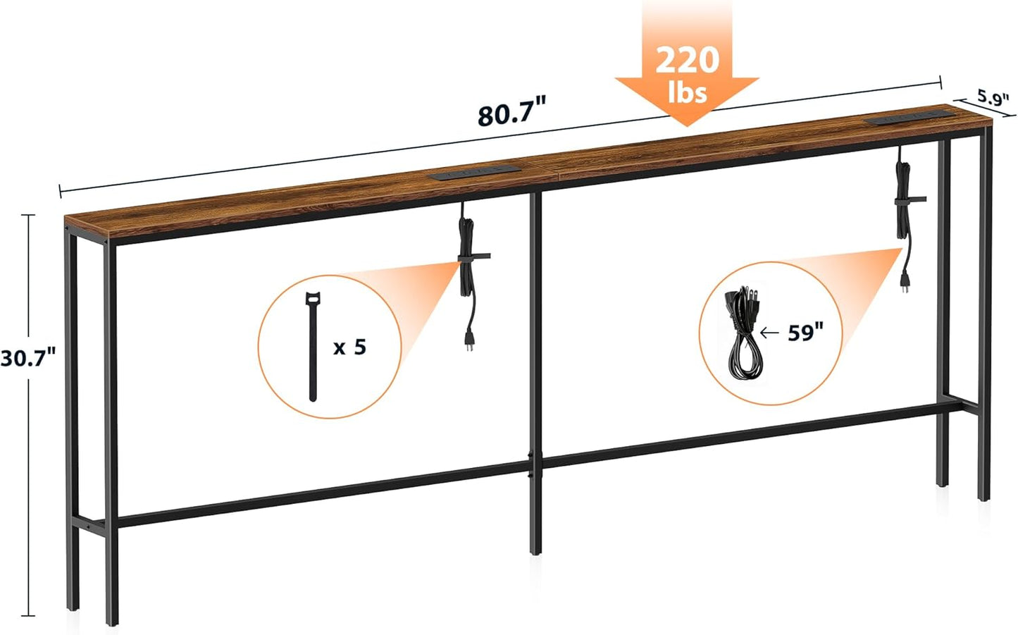 80.7'' Narrow Sofa Table with 2 Power Outlets (6 AC Outlets & 4 USB Ports), Thin Console Tables