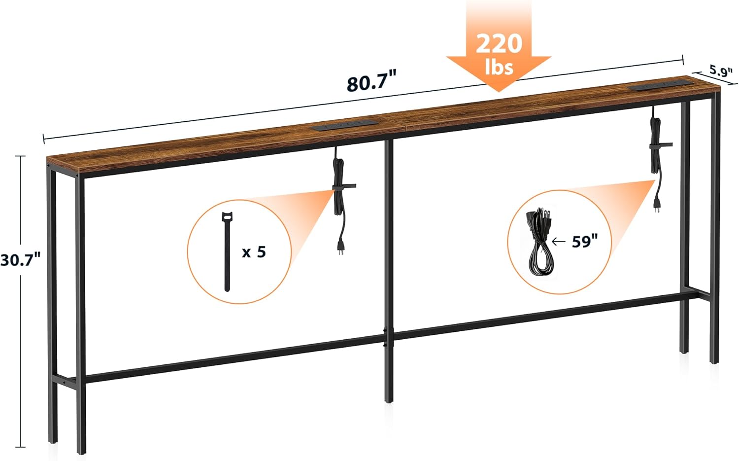80.7'' Narrow Sofa Table with 2 Power Outlets (6 AC Outlets & 4 USB Ports), Thin Console Tables