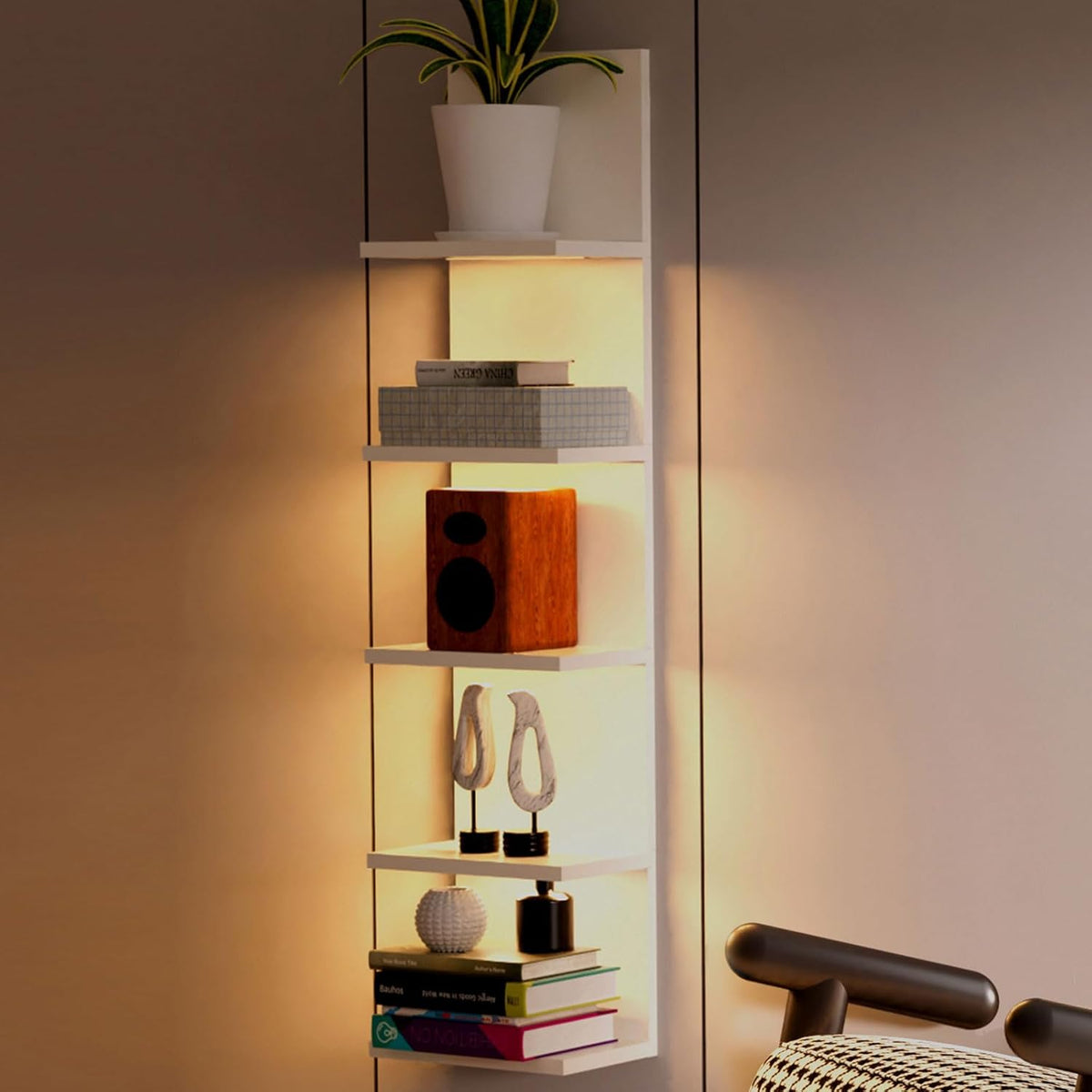 5 Tier Wall Shelf with Light, White Modern Vertical Lack Wall Shelves, Wall Mount, Floating Column