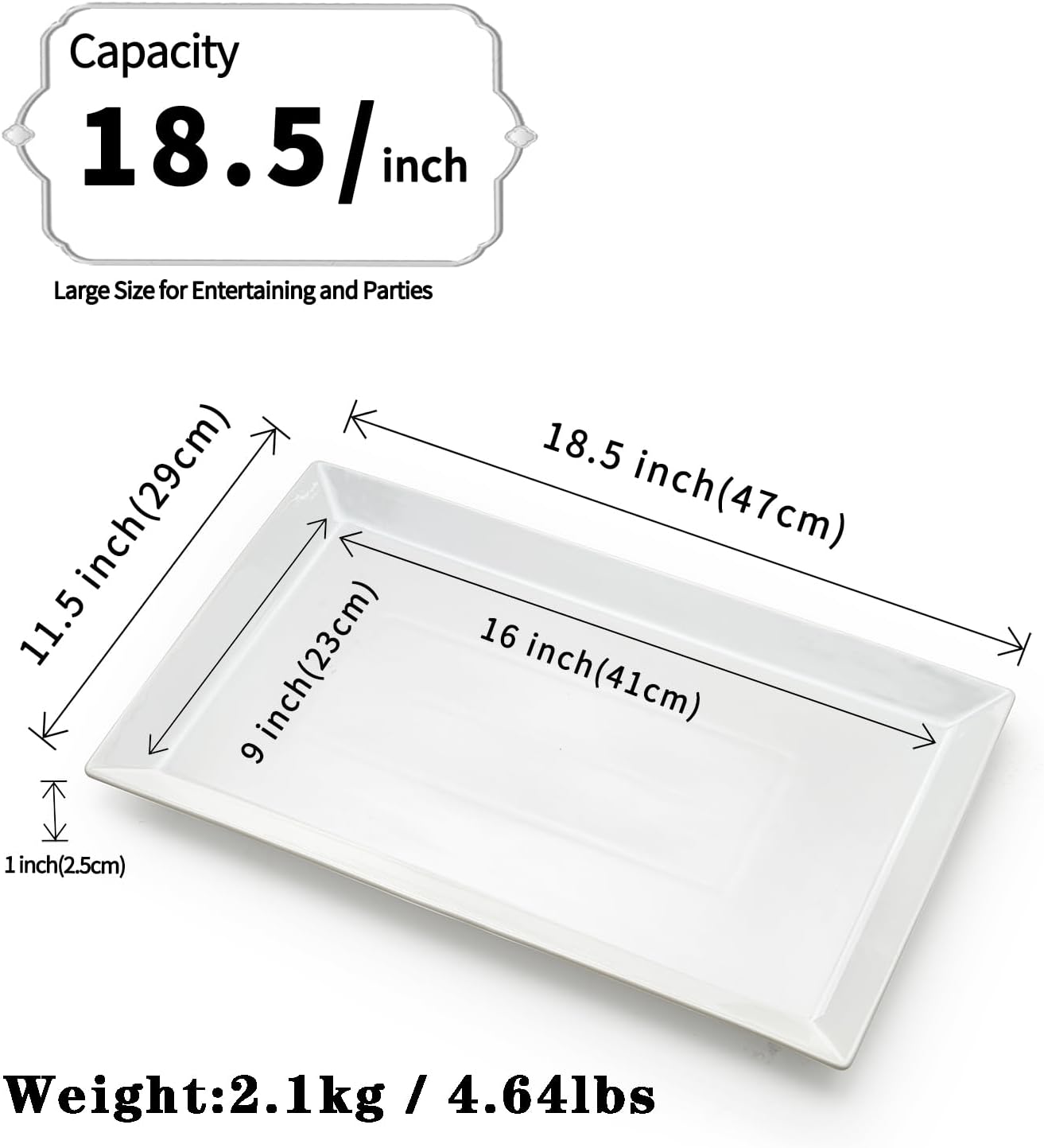 MIECOO Large Serving Platter, 18.5" x 11.5" White Serving Tray, Rectangular Porcelain Plate for
