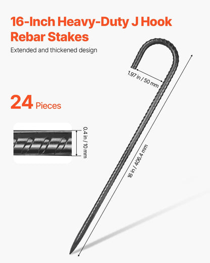 VEVOR Rebar Stakes, 16-Inch, Heavy-Duty 0.4 in Diameter J Hook, Galvanized Steel Ground Anchors