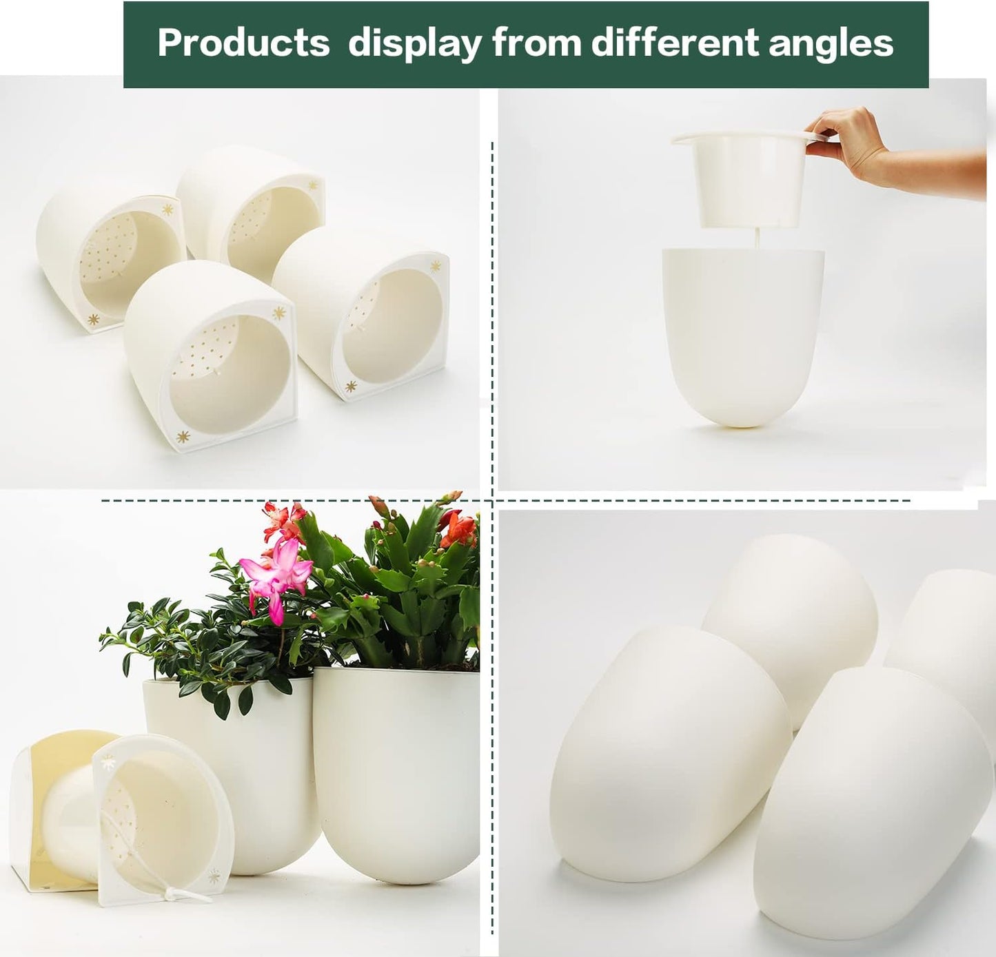 Sungmor Wall Hanging Corner Planters, 4PC White Wall Mounted Flower Pots, Self Watering Wall