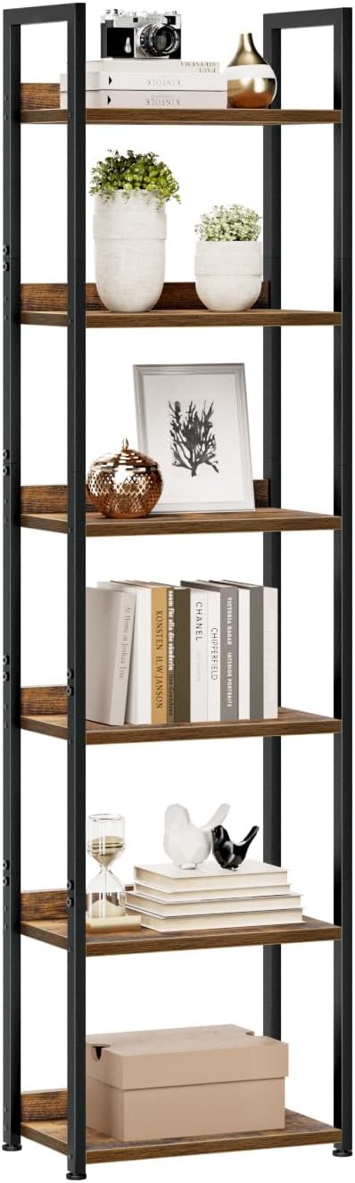 NUMENN Narrow Bookshelf, 6 Tier Bookshelves, Home Office Bookcase Shelf Storage Organizer, Free