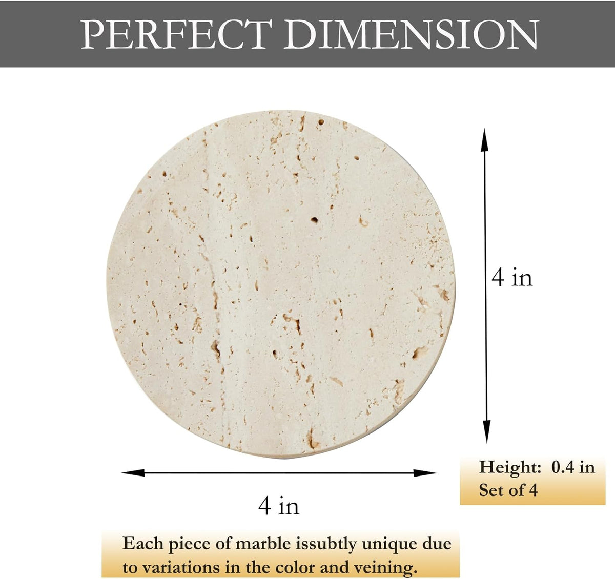 Marble Coasters – Set of 4 –Beige Travertine Bar Coasters for Drinks, Coffee –Stone Holder for Home
