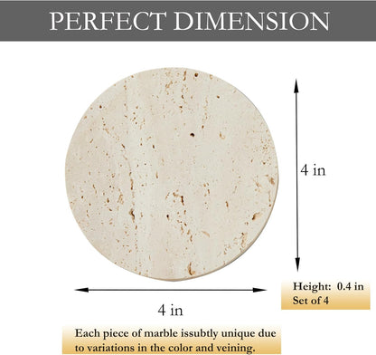 Marble Coasters – Set of 4 –Beige Travertine Bar Coasters for Drinks, Coffee –Stone Holder for Home
