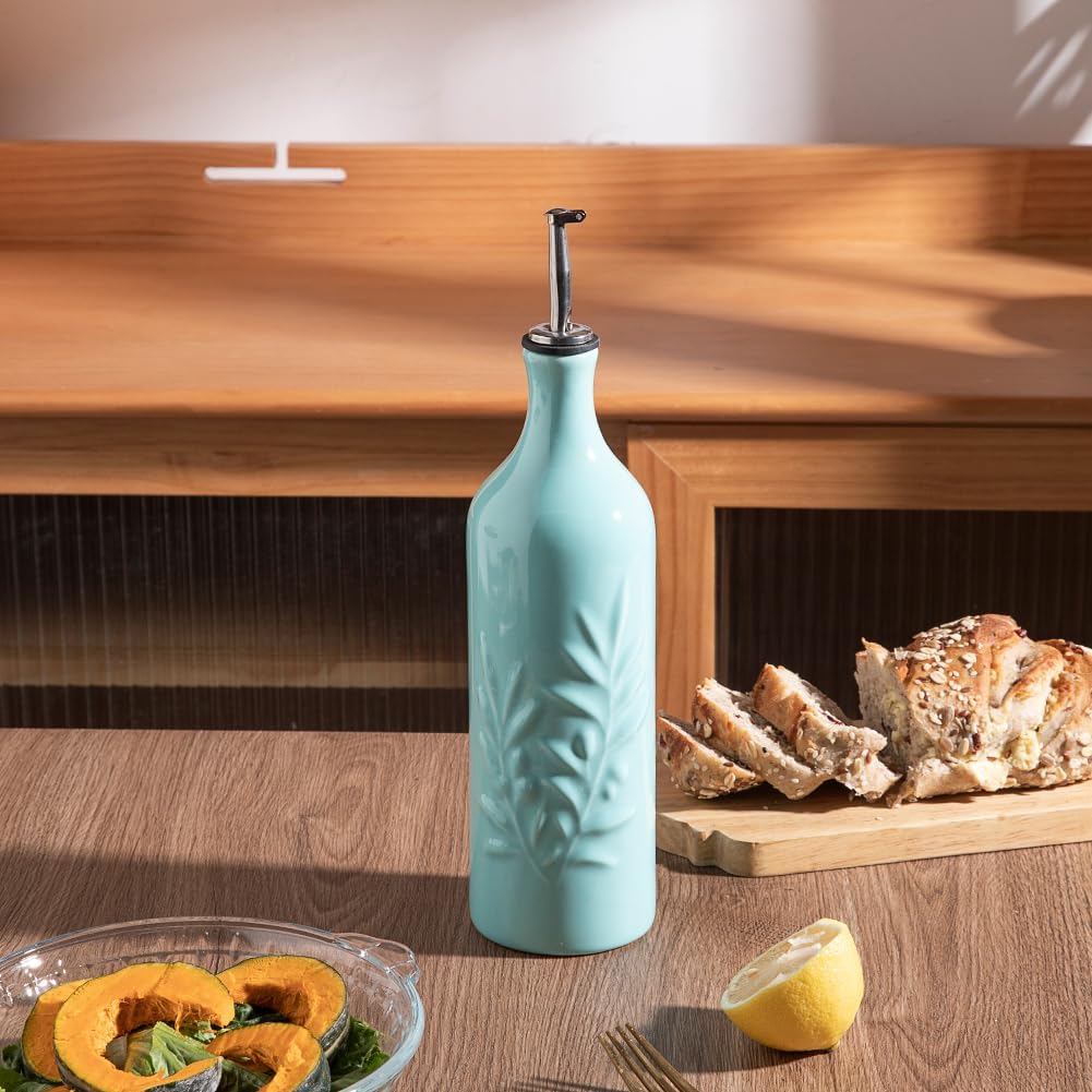 Sweejar Ceramic Olive Oil Dispenser Bottle, 24 Oz Relief Design EVOO Oil and Vinegar Dispensing