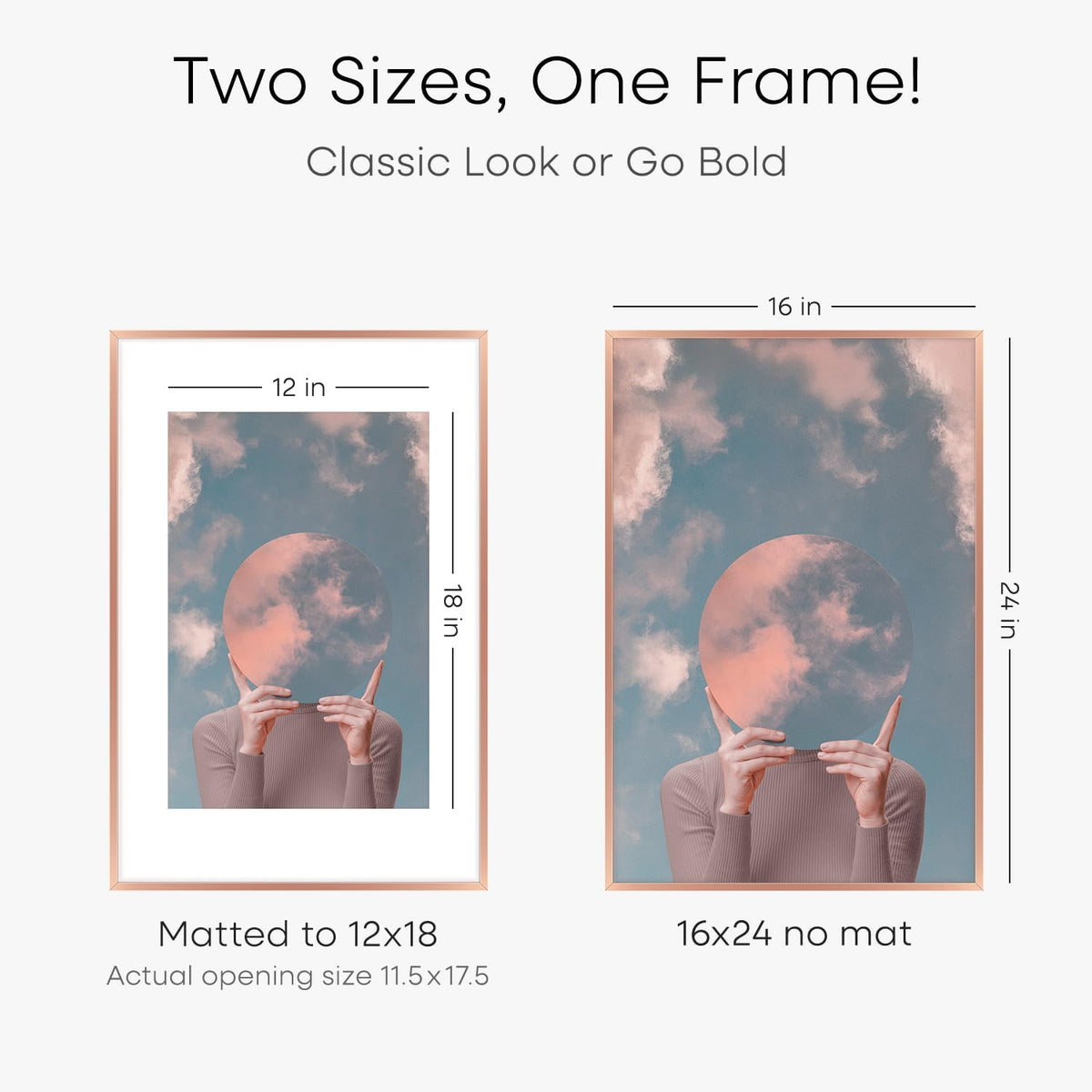 Homeforia 16x24 Picture Frame Rose Gold, High End Metal 16x24 Poster Frames with Mat 12x18 inch