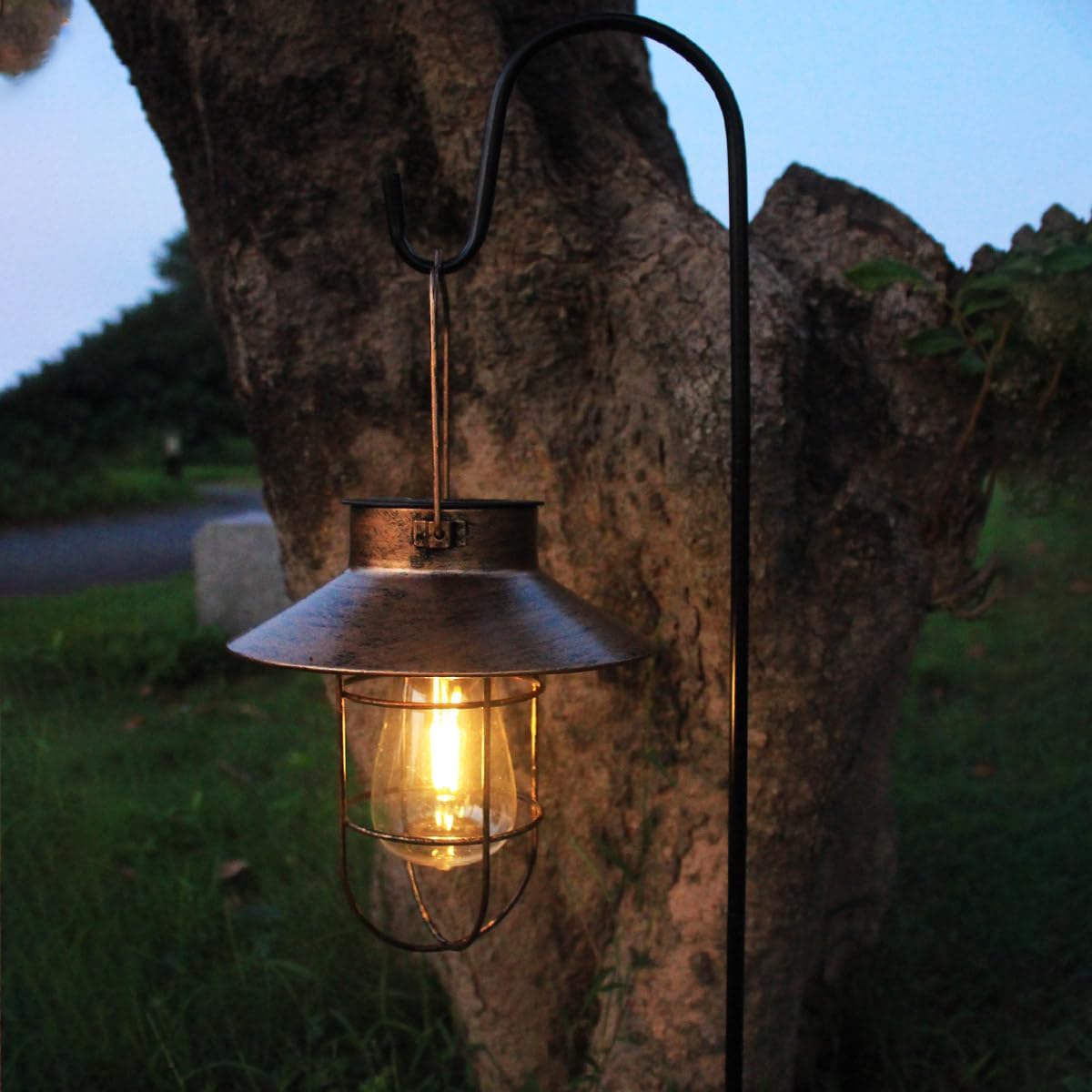 2 Pack Solar Lanterns, Outdoor Hanging Lights Metal with Shepherd Hook Warm White Edison Bulb