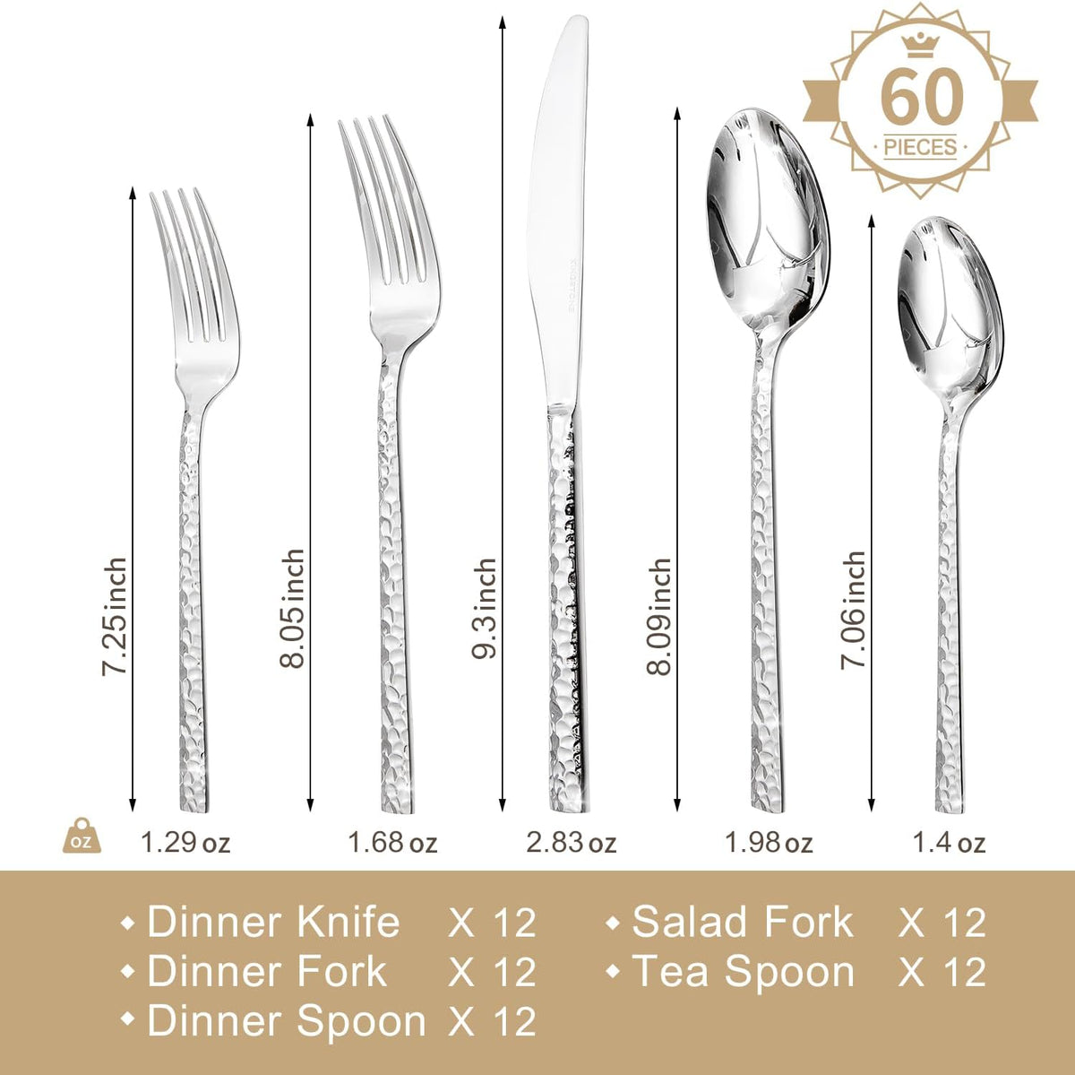 KINGSTONE 60 Piece Hammered Silverware Set, 18/10 Stainless Steel Flatware Set for 12, Cutlery Set