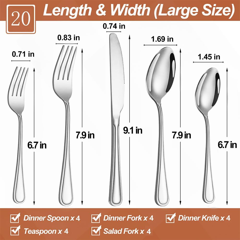 20 Pcs Silverware Set for 4 with Simple Striped Handle Design, Food Grade Stainless Steel Flatware