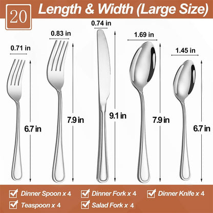 20 Pcs Silverware Set for 4 with Simple Striped Handle Design, Food Grade Stainless Steel Flatware