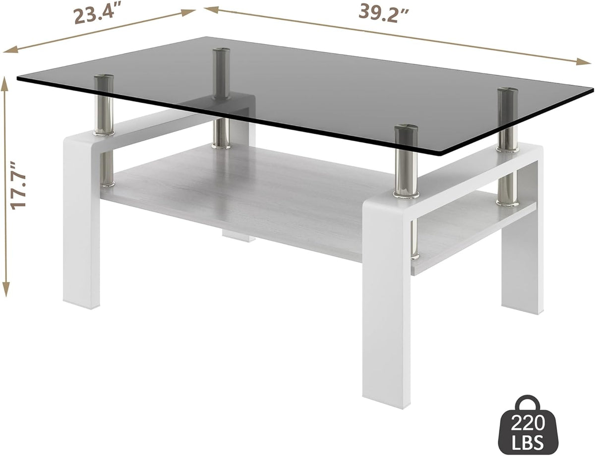 Glass Coffee Table Rectangle Living Room Center Table, with Gray Tempered Glass Tabletop and White