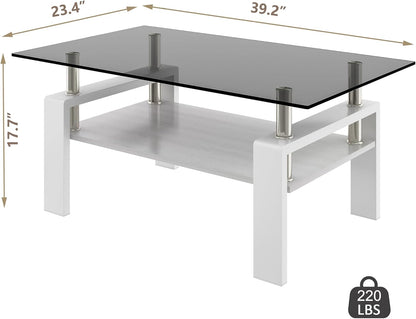 Glass Coffee Table Rectangle Living Room Center Table, with Gray Tempered Glass Tabletop and White