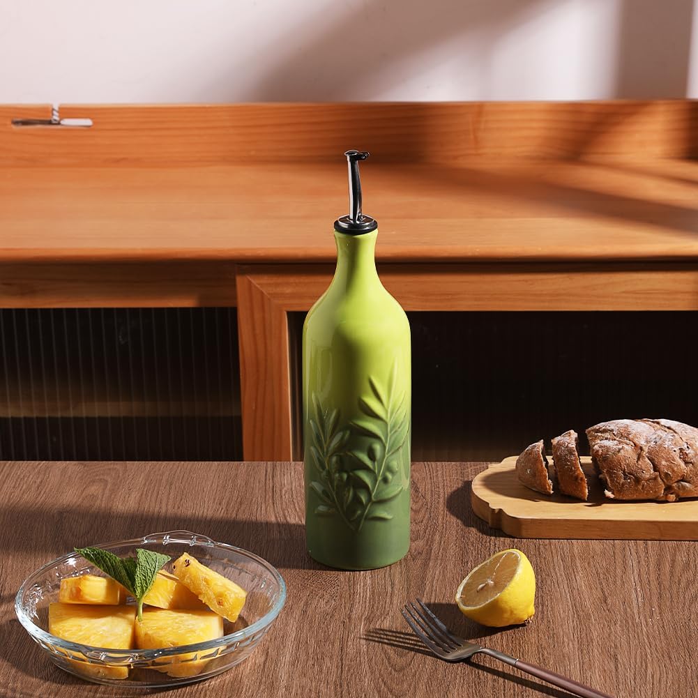 Sweejar Large Ceramic Olive Oil Dispenser Bottle, 24 Oz Relief Opaque Oil Cruet Protects Oil To