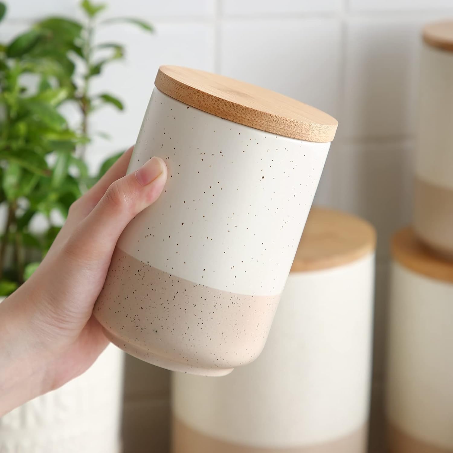 vancasso Sabine Small Ceramic Canister with Airtight Wood Lid - 18 oz Kitchen Storage for Coffee
