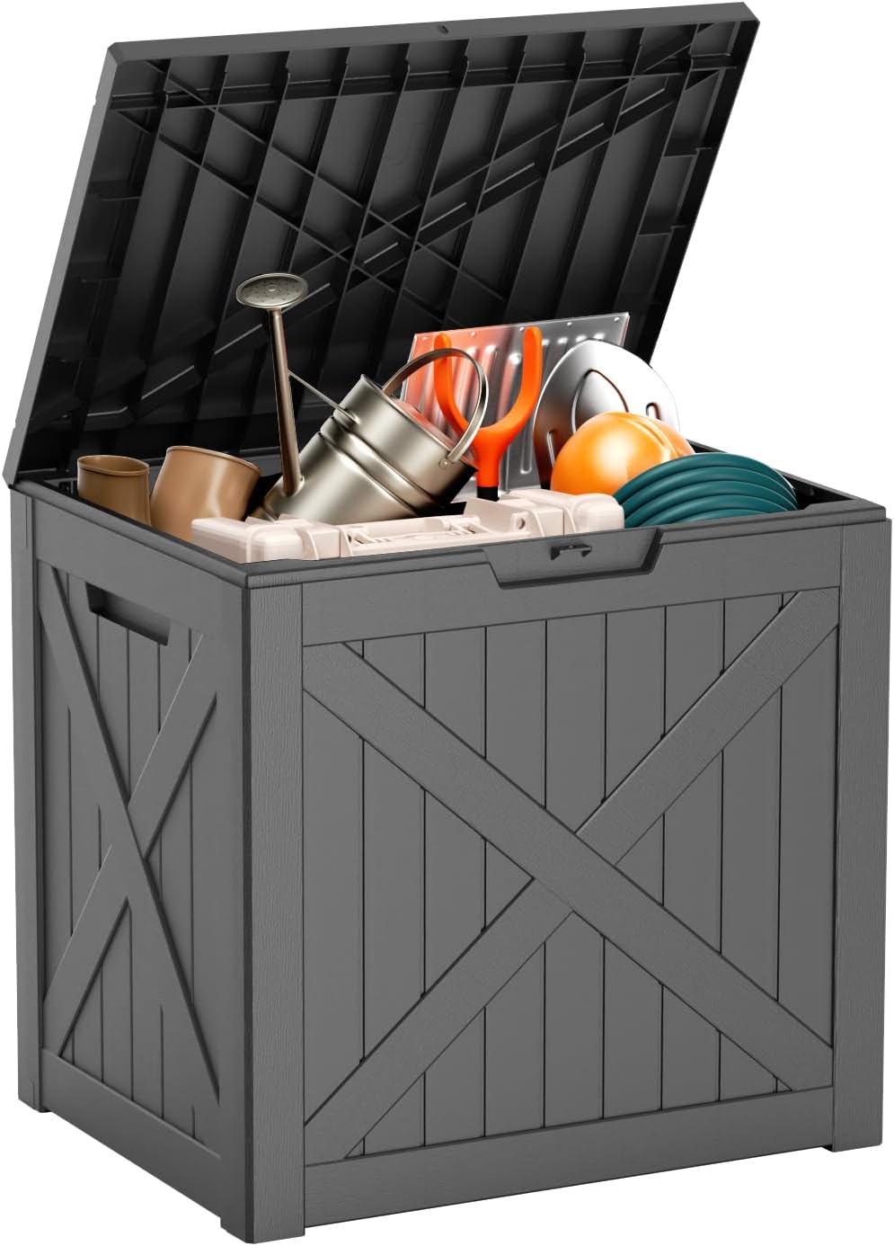 DRATO 32 Gallon Deck Box X pattern, Outdoor Storage Box for Patio Cushion, Sports Equipment, Garden