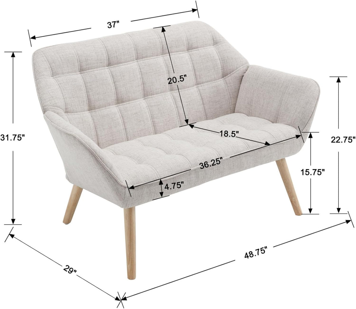 48" Small Loveseat Sofa, Modern Linen Fabric Mini Sofa Couch 2-Seater Love Seat with Quilting Backs