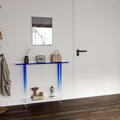 HMYHUM Narrow Acrylic Console Table, with Transparent Gradient Blue Square Legs, 7.6" Width, 2-Tier