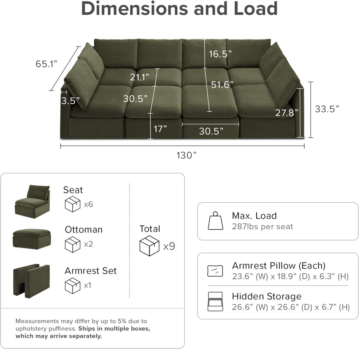 mopio Oversized Modular Sectional Sofa with Fully Removable Covers and Storage, Convertible U