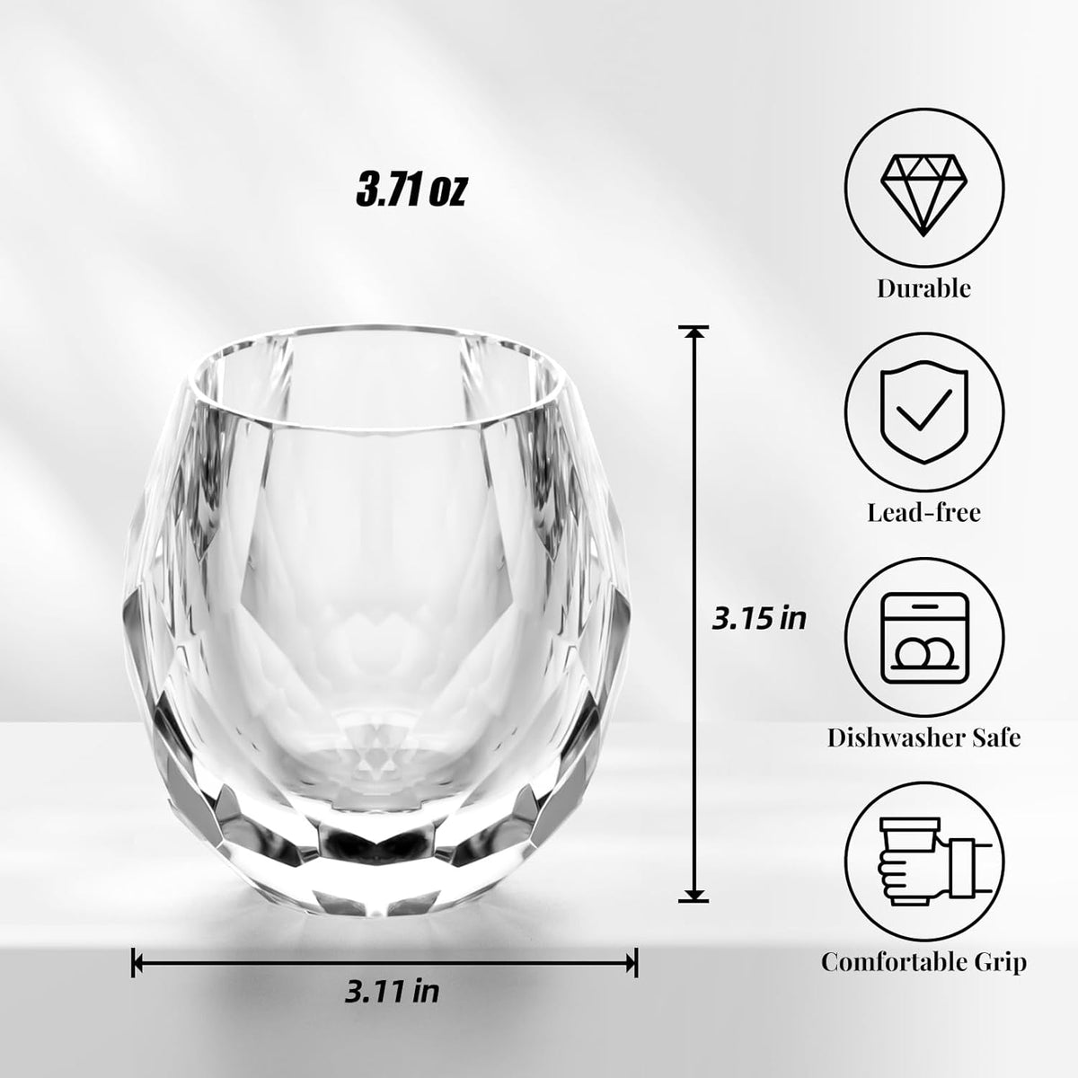 KAMMAK Crystal Whiskey Glasses Set of 2, Handcrafted Old Fashioned Glasses Stemless, 3.71oz Hand