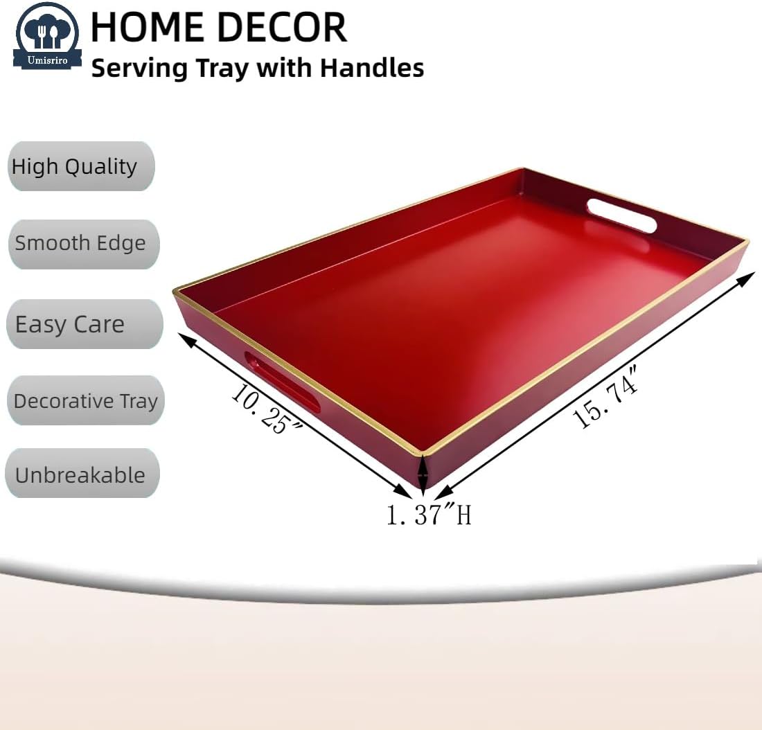 Red Decorative Tray, Rectangular Serving Tray with Handles, Plastic Coffee Table Tray for Ottoman