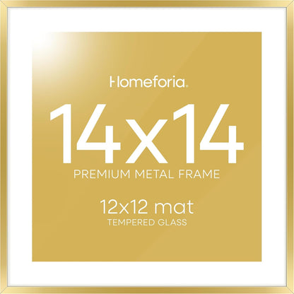 Homeforia 14x14 Picture Frame Gold, High End Metal 14 x 14 Square Poster Frame with Mat 12 x 12