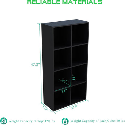 8-Cube Storage Shelf Bookcase - Wooden 4-Tier Floor Standing Open Bookshelf, Modern TV Stand up to